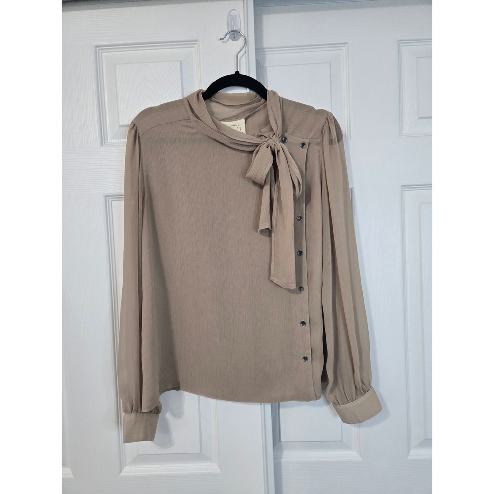 Free People Tan Beige Tie Neck Side Button Chiffon Blouse Large Made in USA